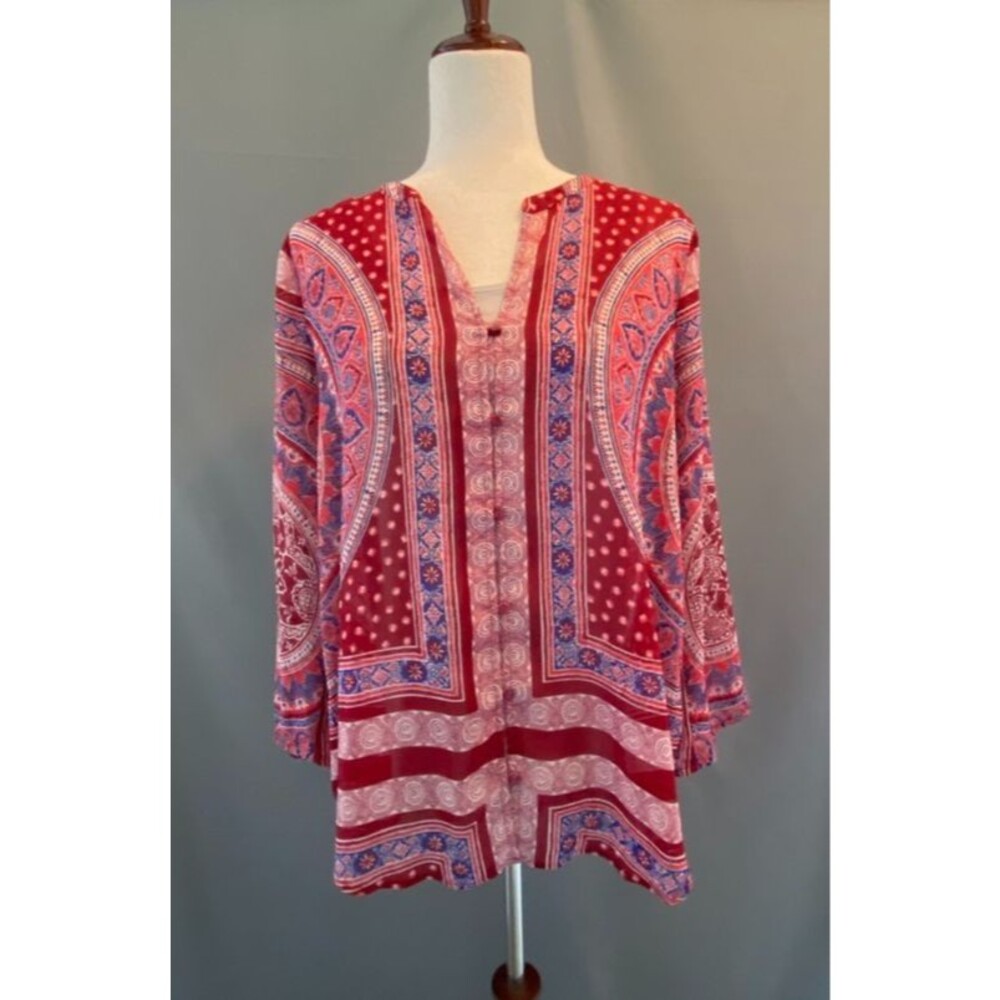Lucky Brand Women's Sheer Button Front Tunic Top M Red Blue Bandana Boho